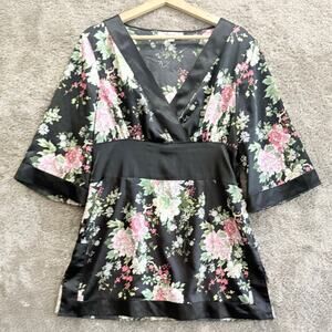Baifu Black Satin Floral Kimono Tunic Top Blouse Mini Dress XXL 2X 2XL Y2K Fairy